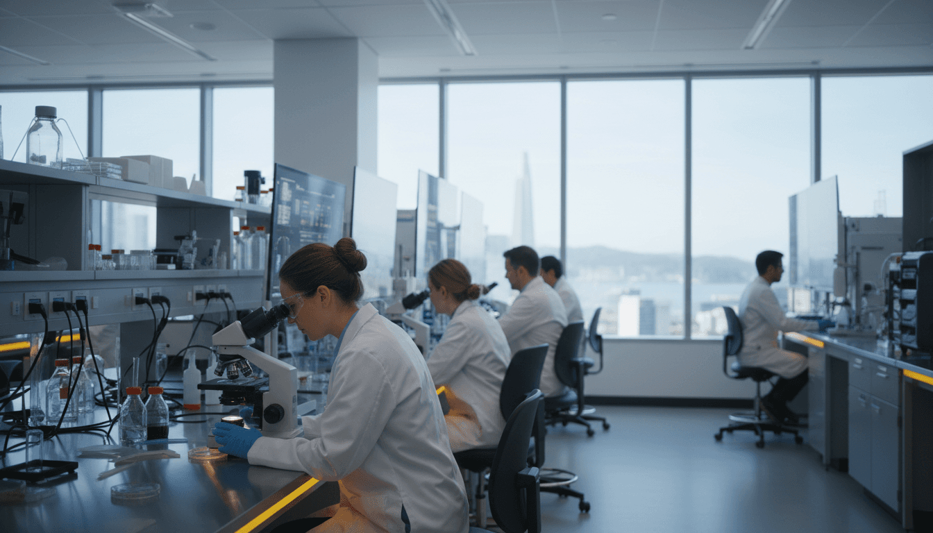 Biotech researcher examining cell therapy samples in a modern San Francisco laboratory