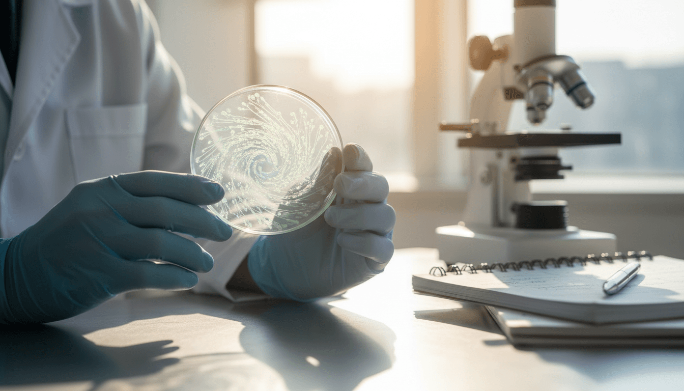 Researcher examining cultured cells in a petri dish for cell therapy development