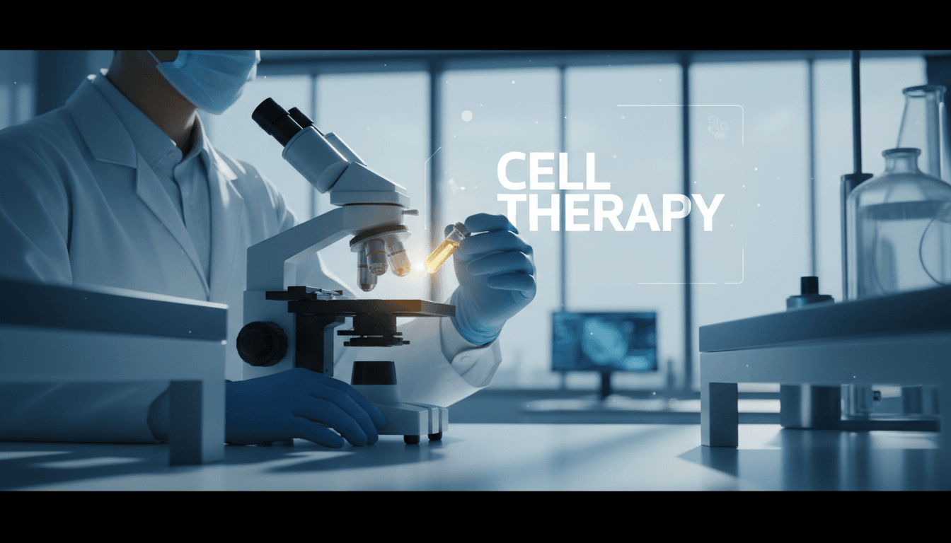 Scientist handling a cell therapy sample vial in a modern laboratory