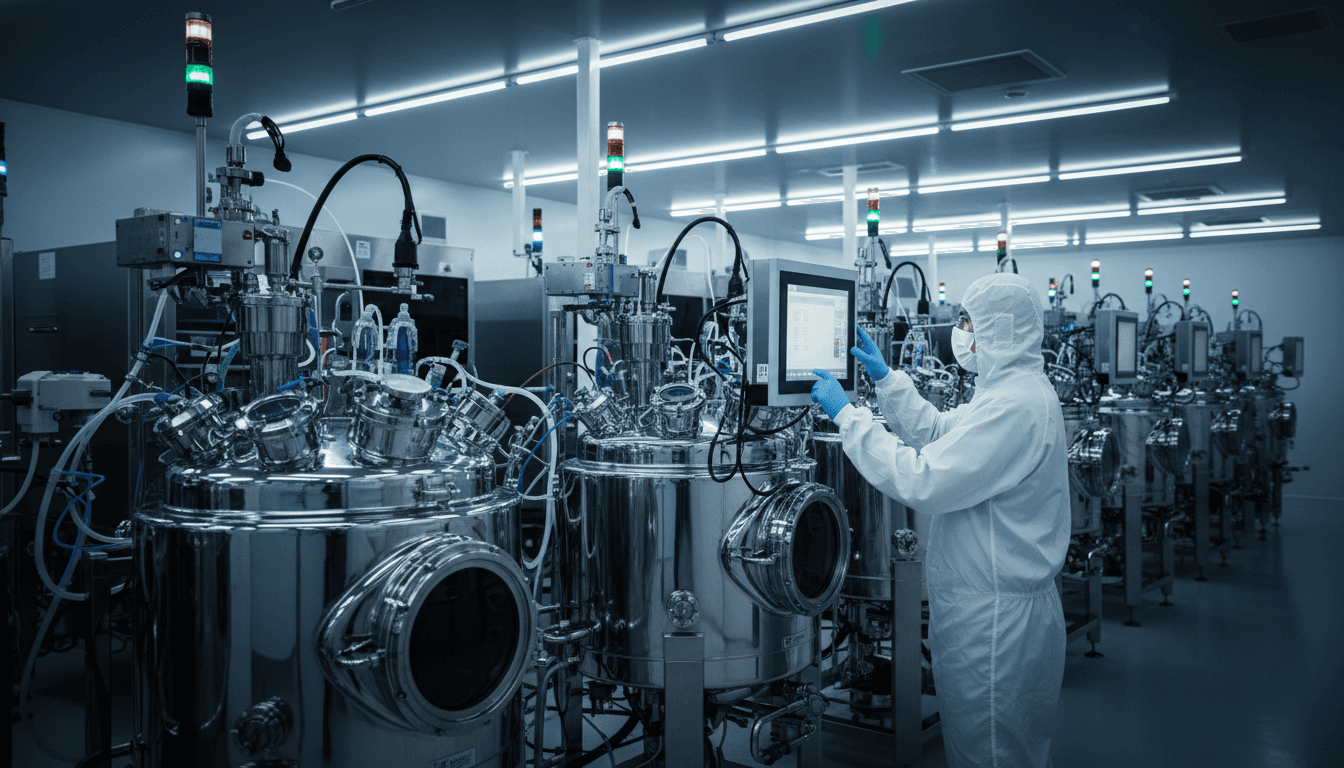 Advanced biomanufacturing equipment and researcher monitoring cell therapy production in a modern San Francisco biotech facility