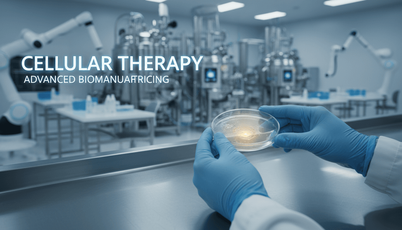 Scientist handling cell therapy specimen in advanced San Francisco biomanufacturing laboratory
