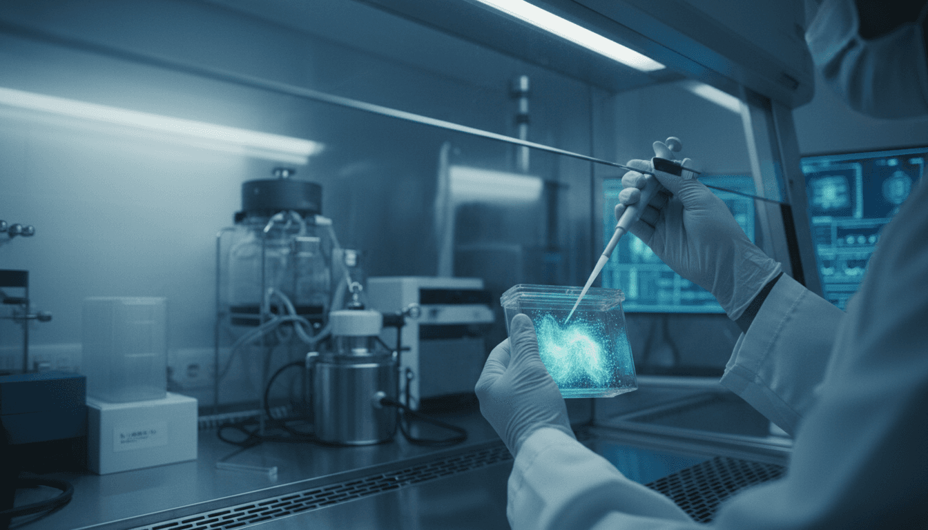 Scientist handling cell culture flask in advanced laboratory