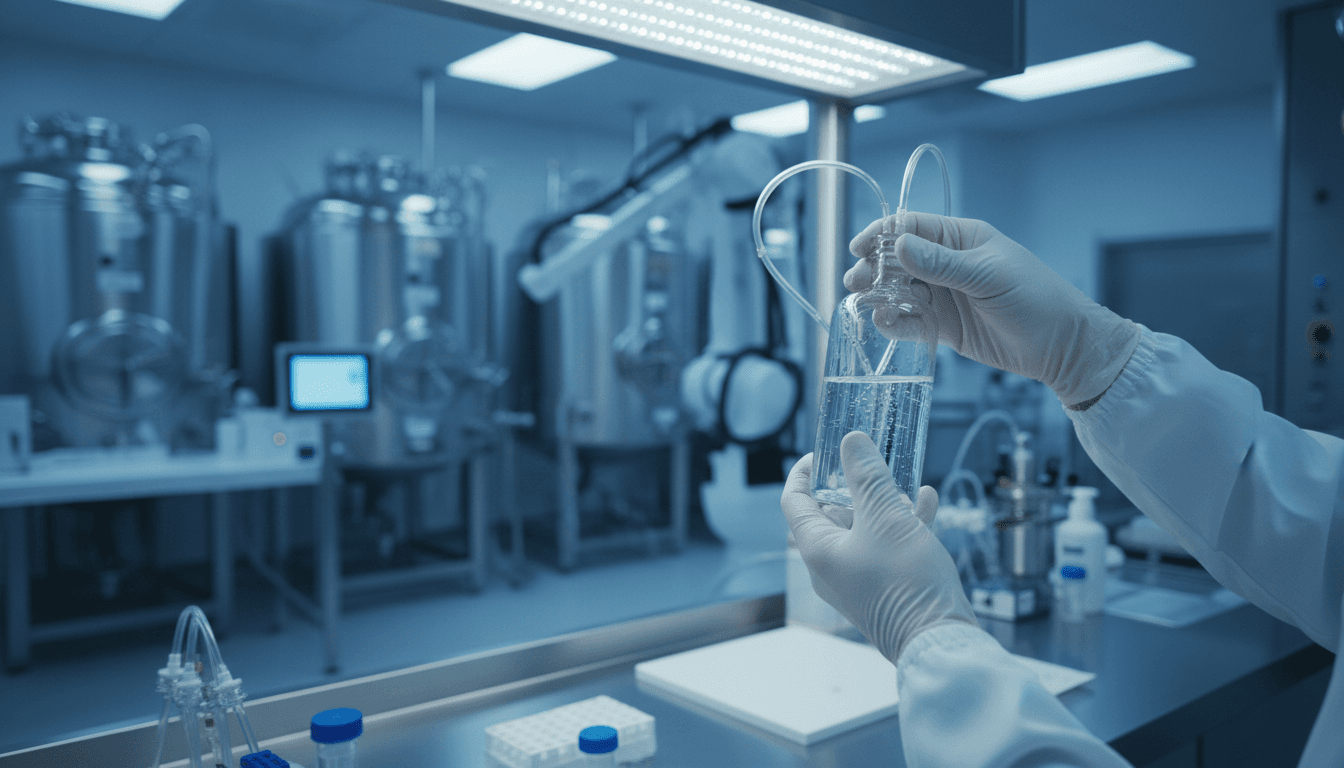 Researcher handling cell therapy bioreactor in modern biotech laboratory