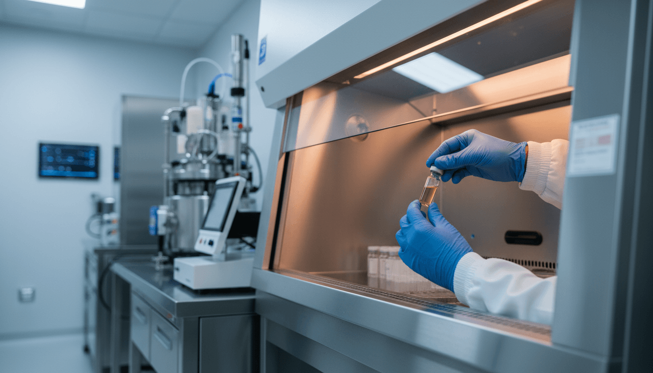 Scientist handling cell therapy sample in biomanufacturing laboratory