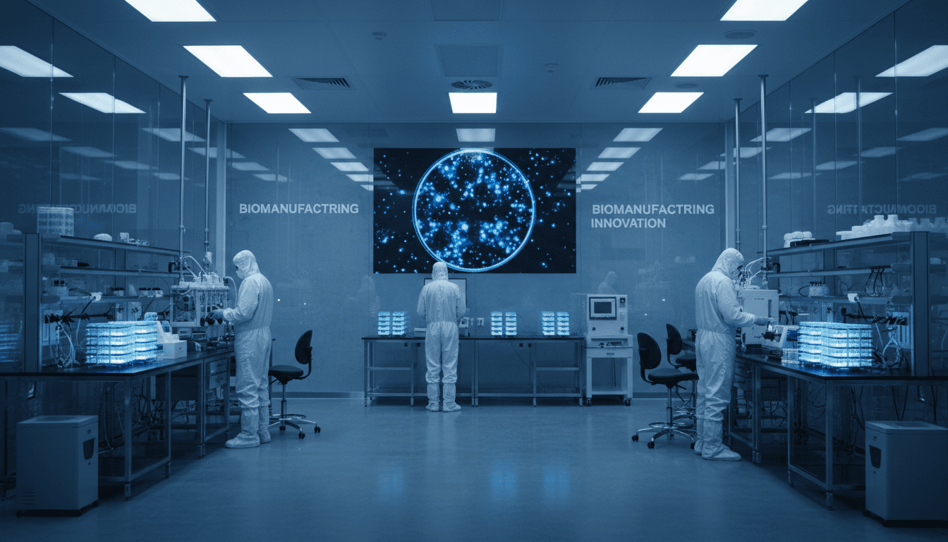 Modern cell therapy laboratory with advanced biomanufacturing equipment and sterile workstations