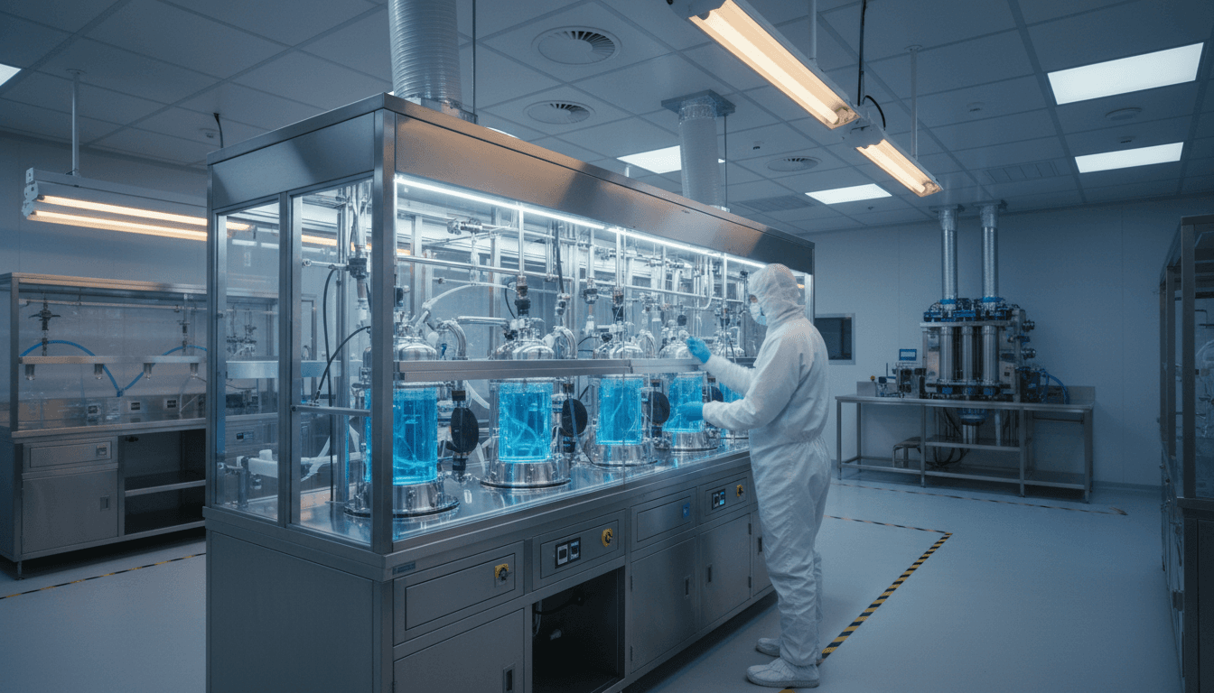 Scientist working with advanced biomanufacturing equipment in a clean laboratory setting