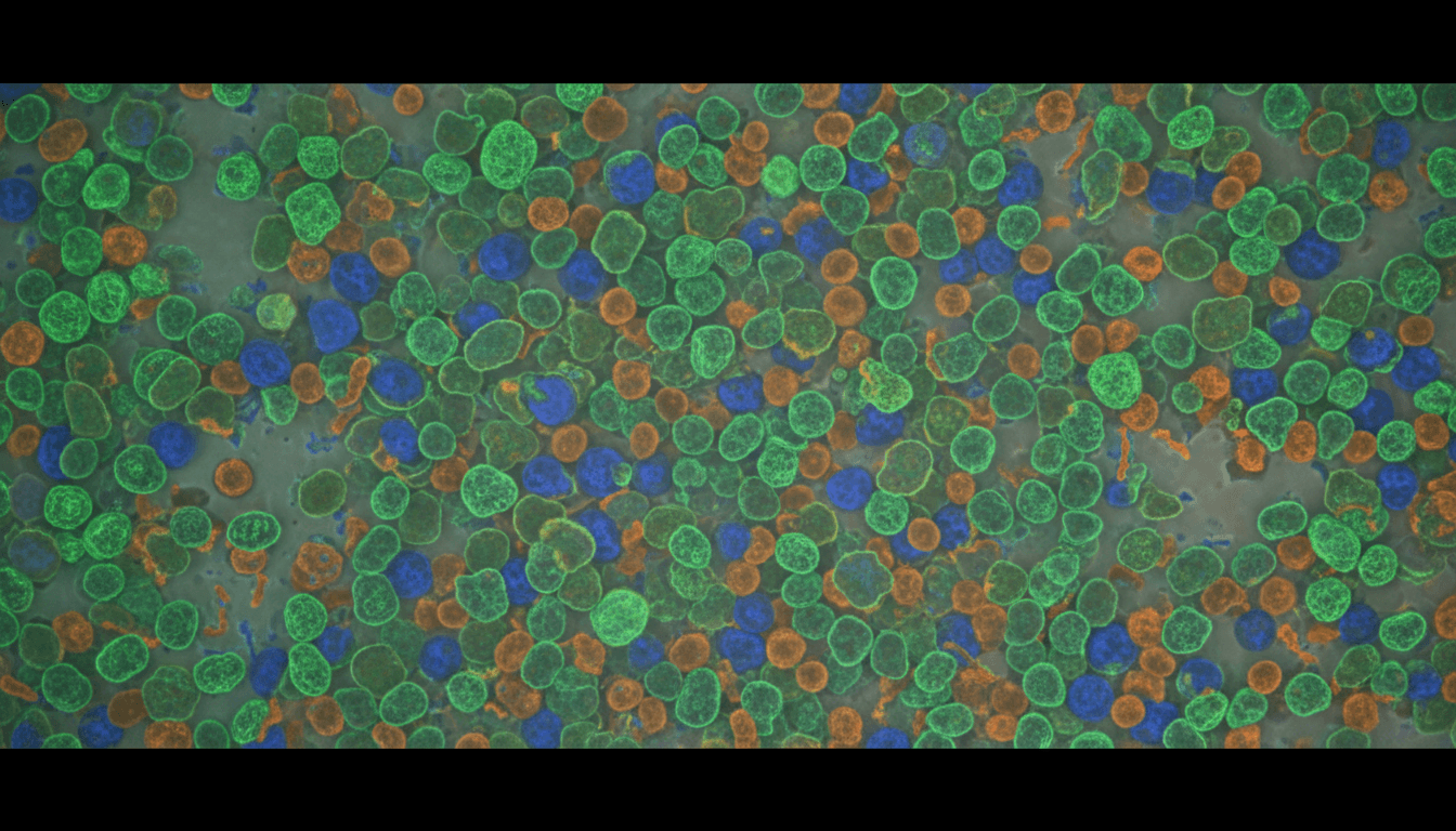 Microscopic view of fluorescently stained cell cultures