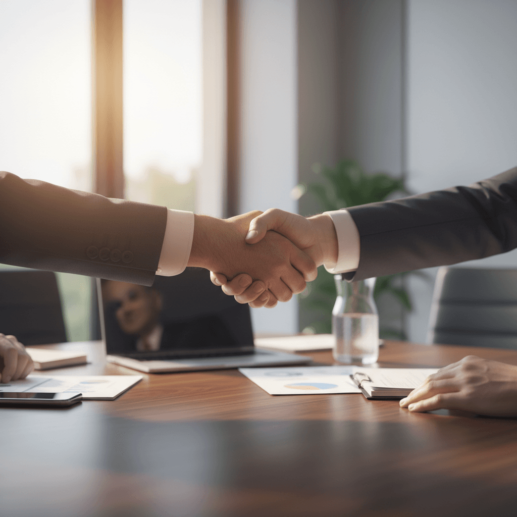 Two professionals shaking hands across polished conference table with financial documents and laptop visible
