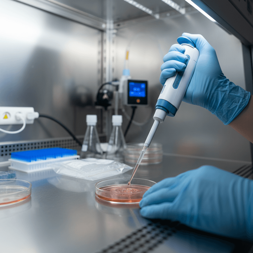 Researcher's gloved hands pipetting cell culture medium into petri dish under laboratory laminar flow hood with precision